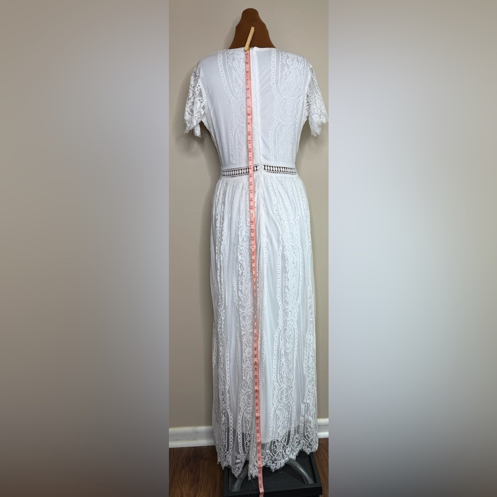 White V Neck Short Sleeve Floral Lace Wedding Bridesmaid Maxi Dress Small - Picture 7 of 10